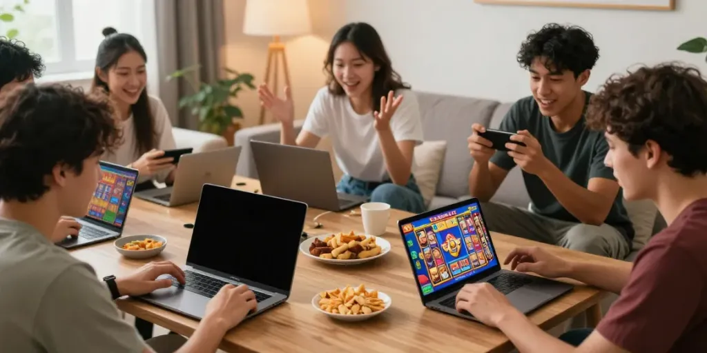 Pengguna OMTOGEL bermain Slot 5000 dan Toto Togel sambil bersenang-senang di ruang tamu yang nyaman.