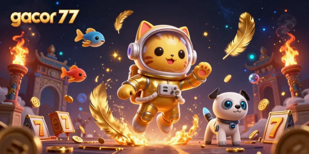Visualisasi menarik permainan gacor 77 dengan astronaut kucing dan robot, menembak slot jackpot.