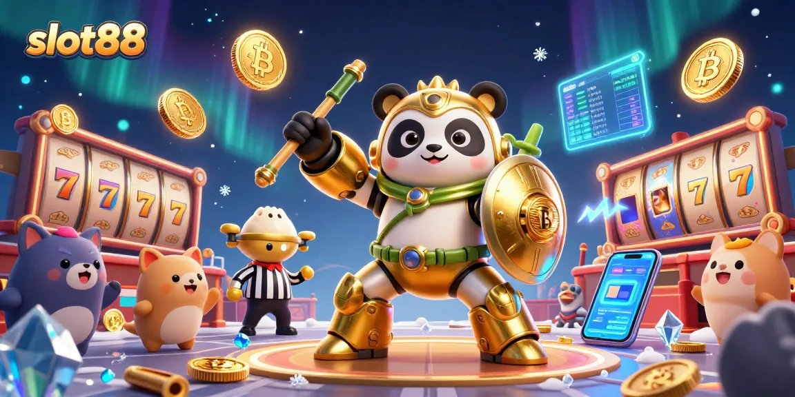 Permainan slot88 yang mendebarkan dengan panda emas beraksi, dikelilingi simbol keberuntungan.