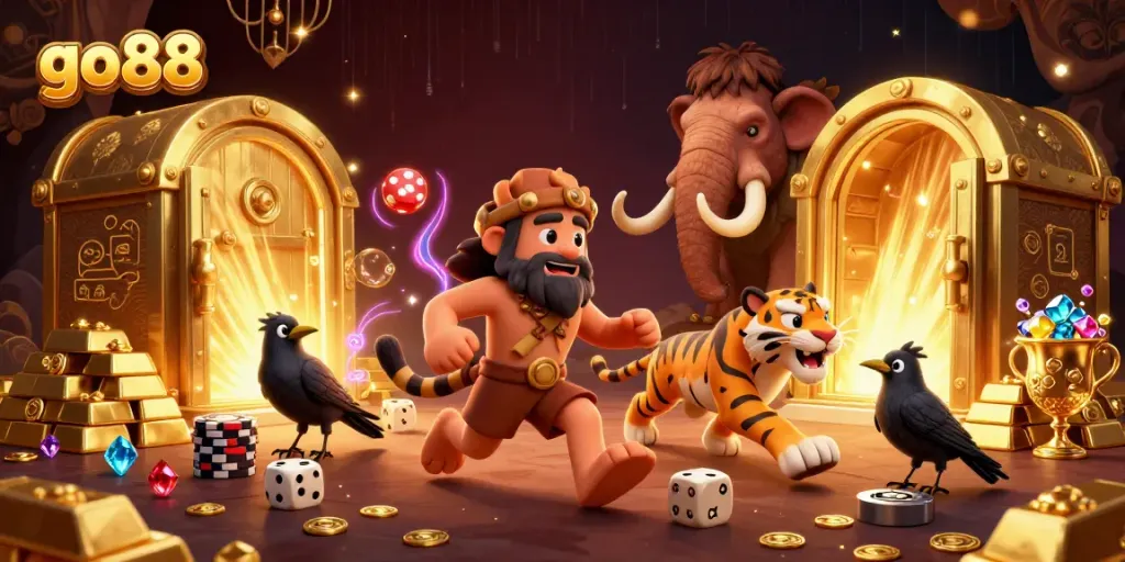 Experience the thrill at go88, where a caveman and sabertooth tiger operate a vibrant prehistoric casino.