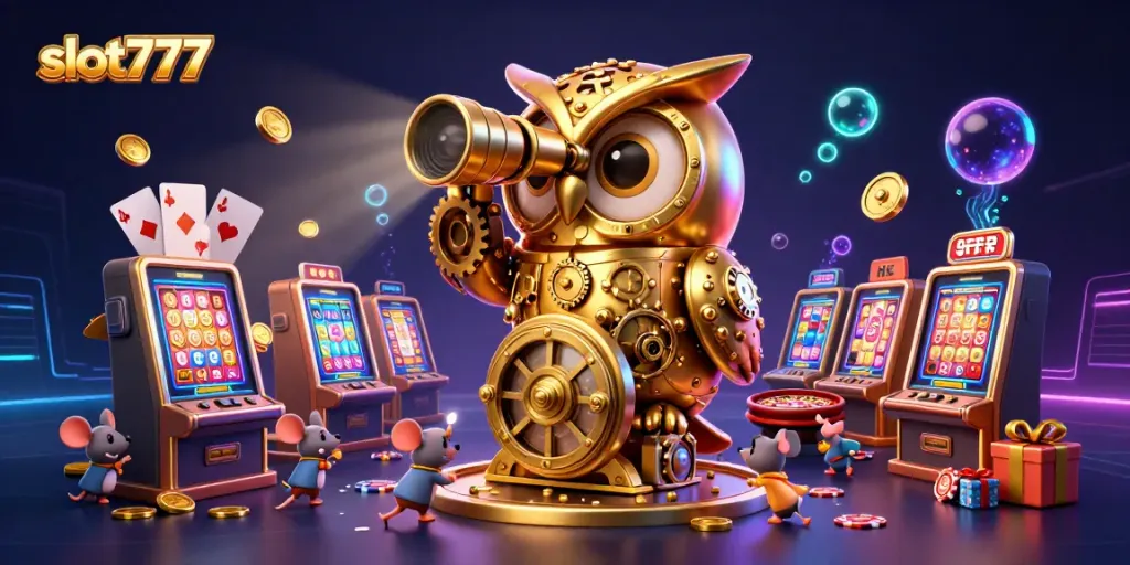 Play dynamic slot777 games with a cartoon owl and playful mice in a vibrant casino.