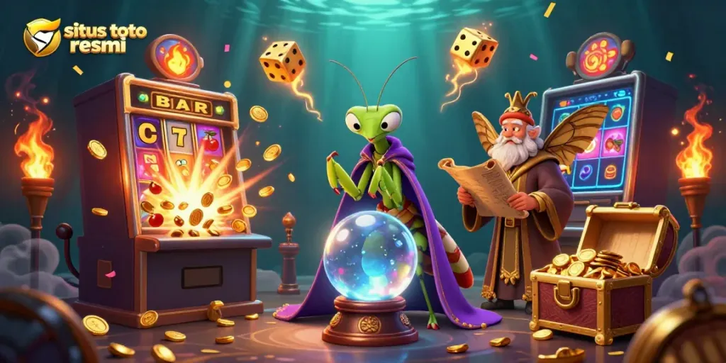 Experience the magic of situs toto resmi with a vibrant casino scene filled with fortune tellers and jackpots.