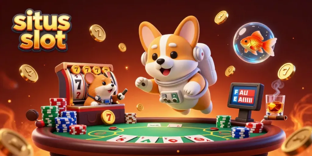 Play exciting situs slot games with a floating corgi astronaut in a vibrant casino.