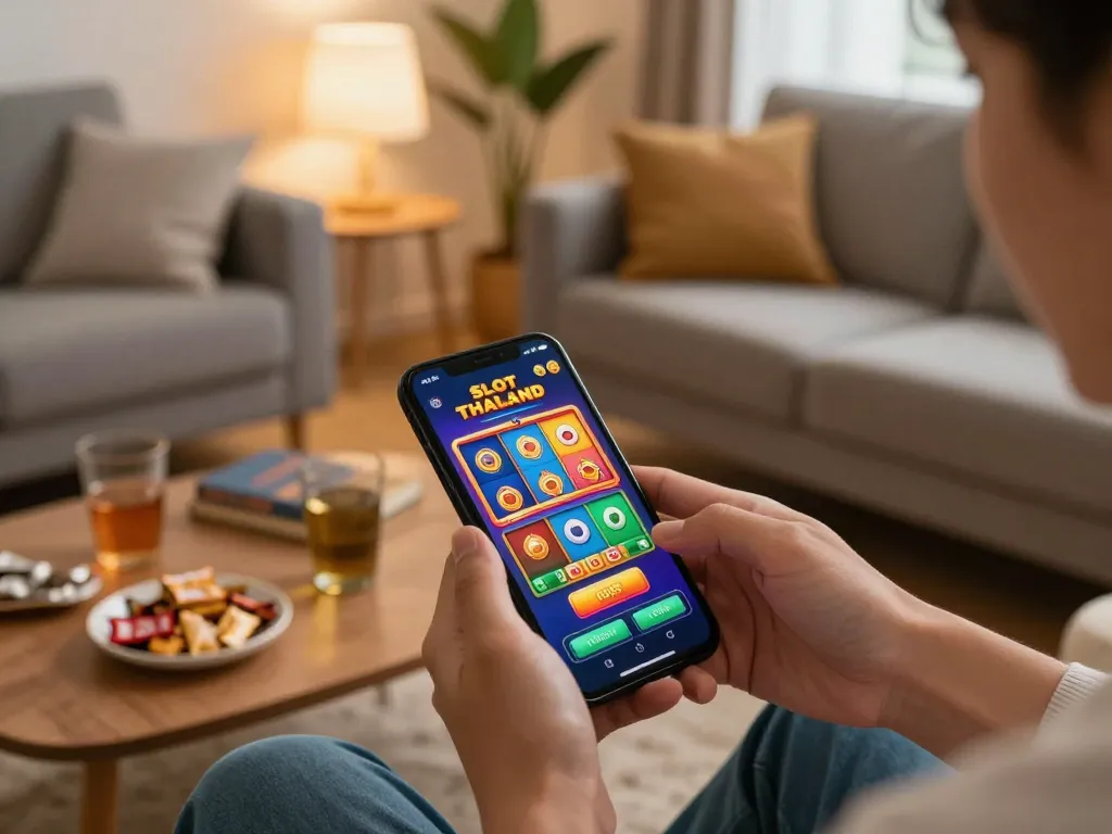 Player immerses in Slot Thailand mobile gaming experience, engaging with colorful game interface in cozy home.