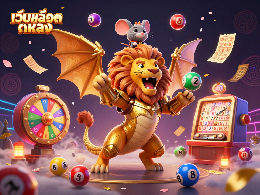 Play เว็บสล็อตตรง with vibrant lottery elements and a triumphant chimera illustration.