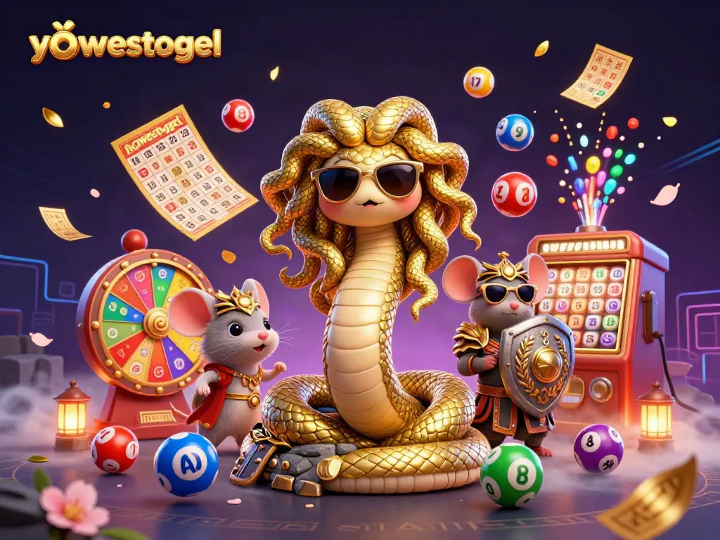 Win with yowestogel! Engaging 3D illustration of lottery life, colorful balls, and vibrant game elements.