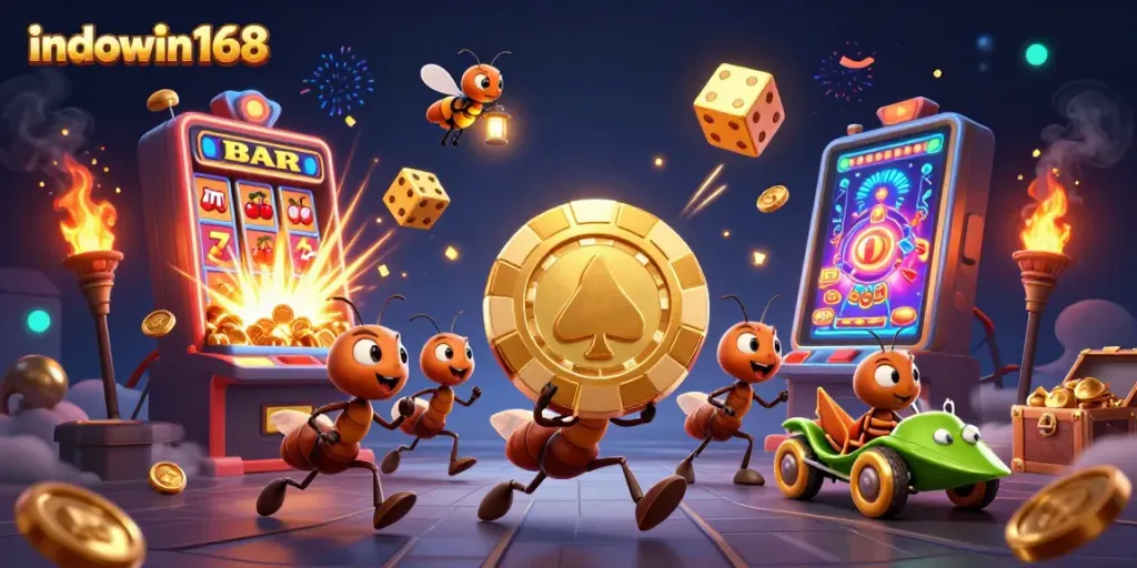 Join the exciting heist with indowin168 as cartoon ants steal a massive poker chip amid a dazzling casino scene.