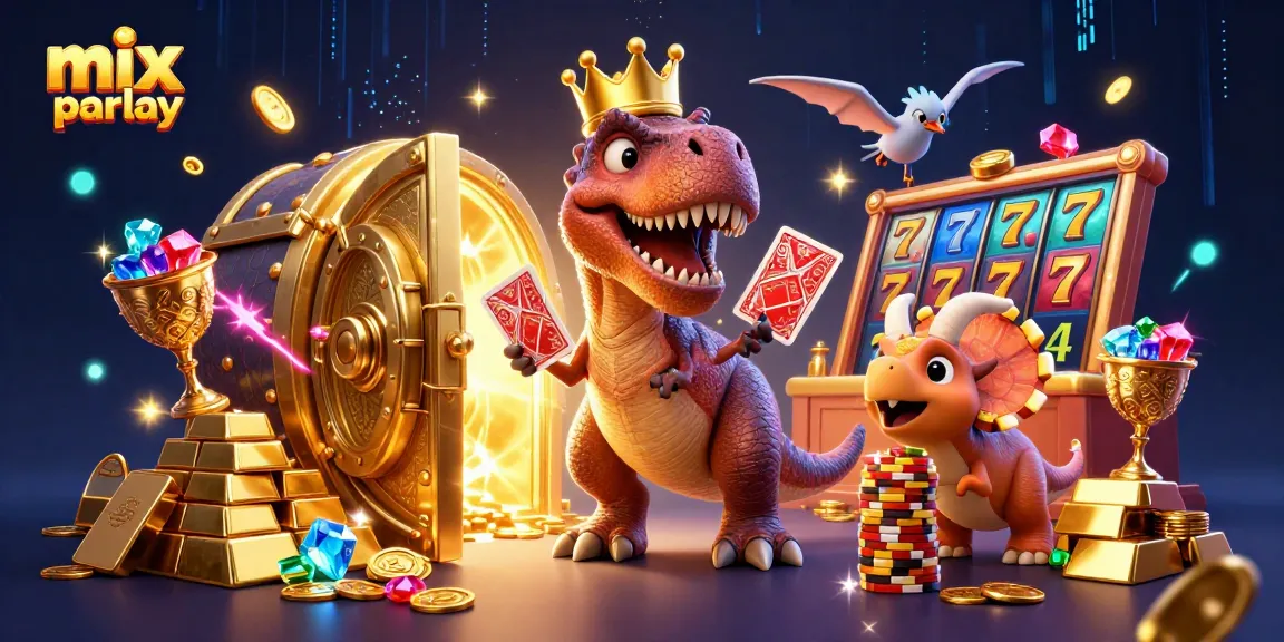 Taruhan mix parlay pada ilustrasi kasino penuh warna dengan dinosaur dan koin emas