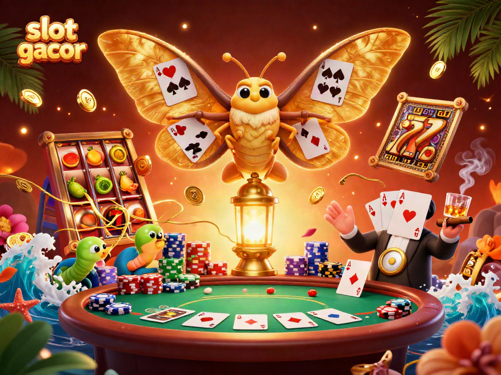 Slot gacor dan suasana kasino yang menarik dengan kupu-kupu 3D berwarna emas.