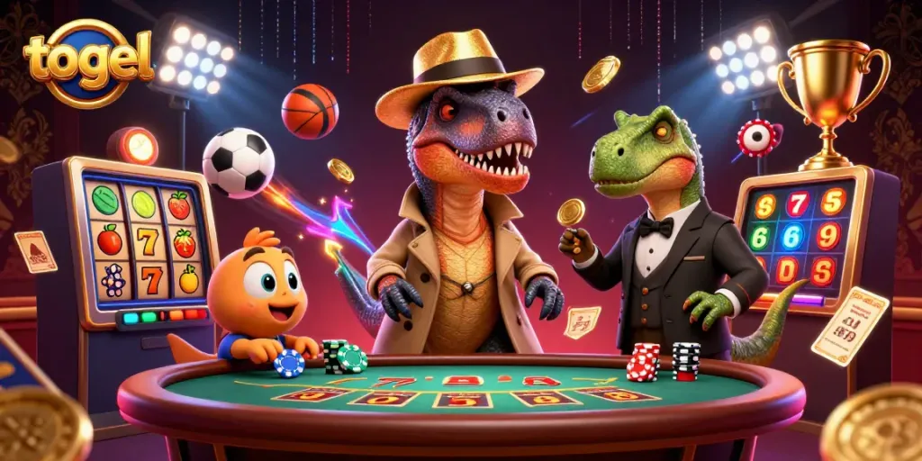 Togel menyajikan tema kasino dengan velociraptor, stegosaurus, dan kompi yang memikat dalam ilustrasi 3D.