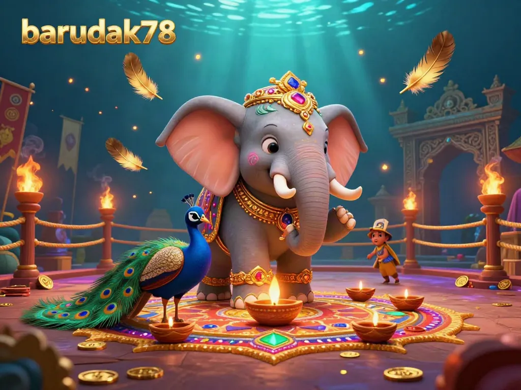 Barudak78 menyajikan ilustrasi 3D dengan gajah bertema Diwali dan elemen kasino yang kaya.