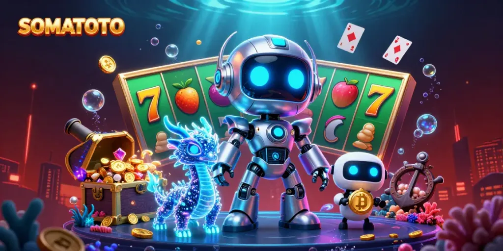 SOMATOTO showcases a dynamic 3D illustration with a cyberpunk robot, AI dragon, and bitcoin drone amid vibrant gambling elements.