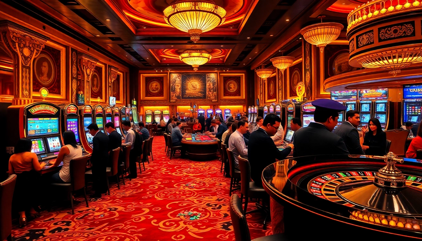 Situs Gacor menyoroti para penjudi yang menikmati aksi taruhan tinggi di meja kasino mewah dengan mesin slot berwarna-warni.