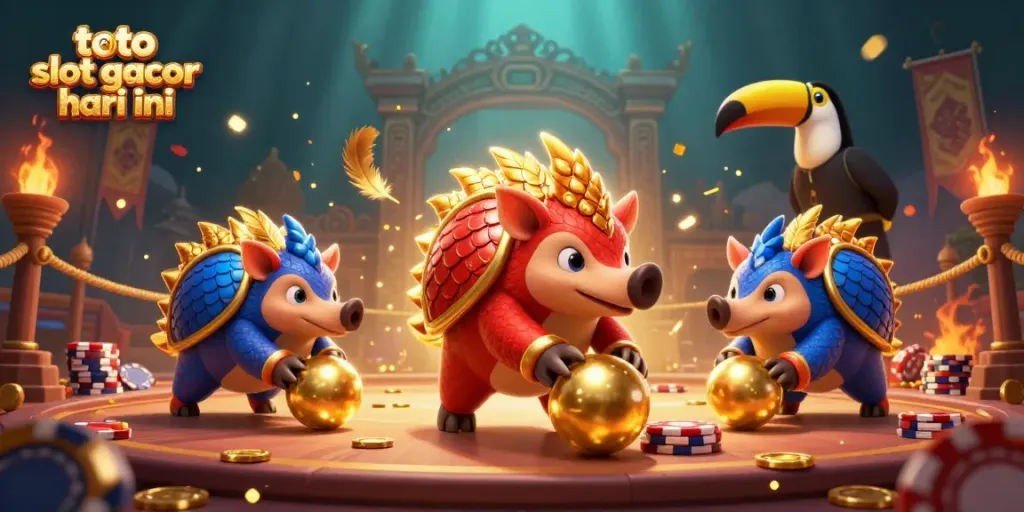 Permainan toto slot gacor hari ini dalam ilustrasi 3D yang penuh warna, menampilkan pangolin bersaing dan perangkat kasino.