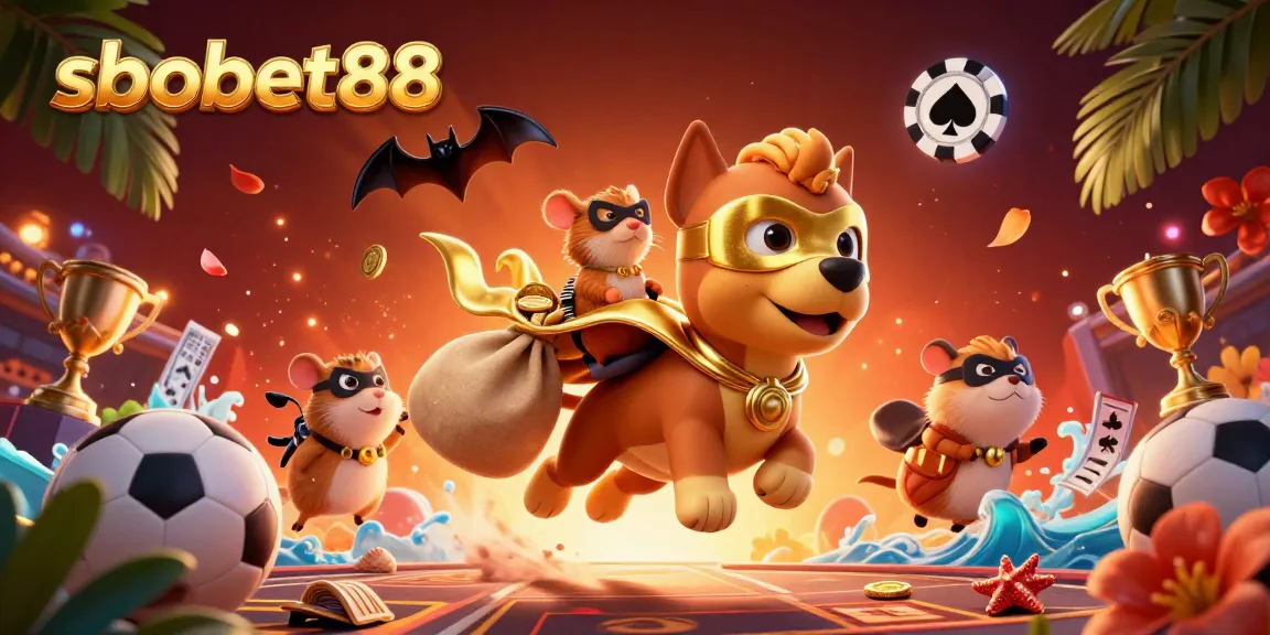 Engage in thrilling sports betting with sbobet88 featuring a superhero dog and dynamic elements.
