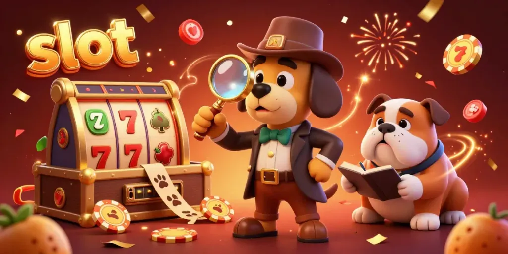 Detective bloodhound examines a golden poker chip clue amidst festive slot elements and confetti.