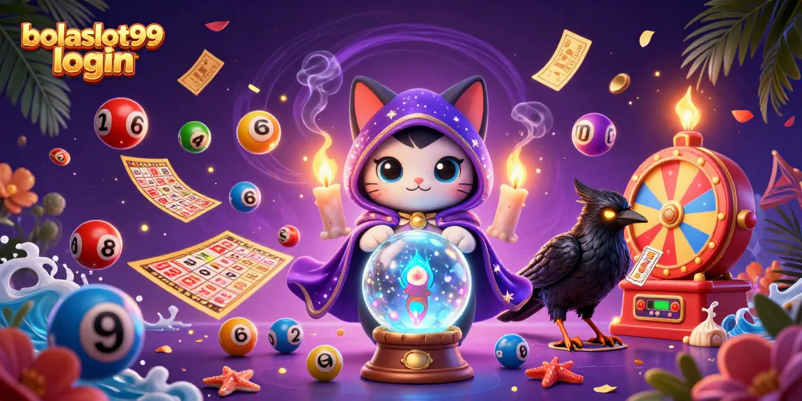A vivid 3D illustration capturing the bolaslot99 login characters featuring a mystical cat and a raven amidst colorful lottery elements.