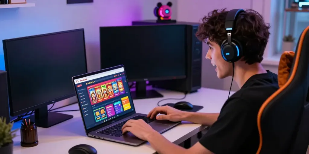 Pengguna ratutogel login di laptop, menampilkan antarmuka warna-warni dan suasana gaming yang mengasyikkan.