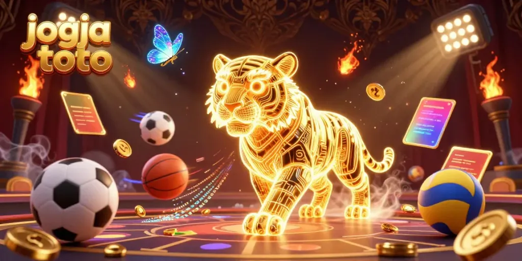 Engage with jogja toto in an exciting digital sports betting scene featuring a neon tiger and flying sports balls.