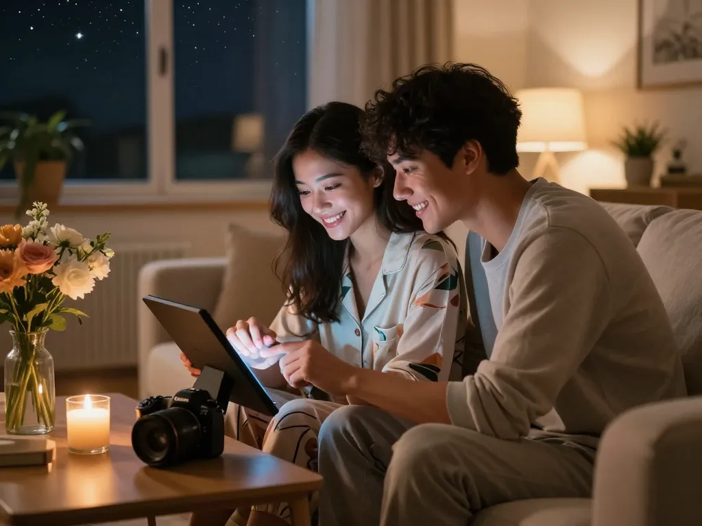 A couple enjoying ai sexting in a cozy living room setting, engaging with a touchscreen device.