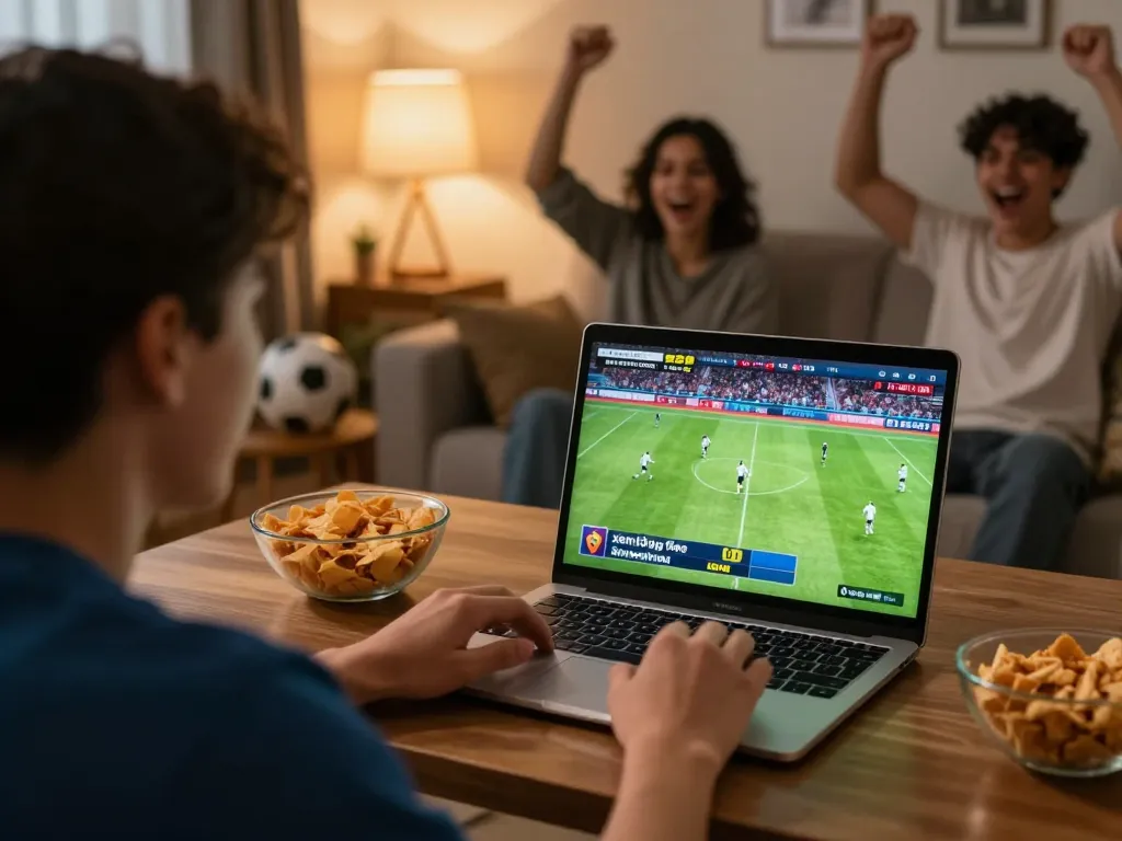 Xem bóng đá Socolive with excitement at home using laptop, enjoying live football match experience.