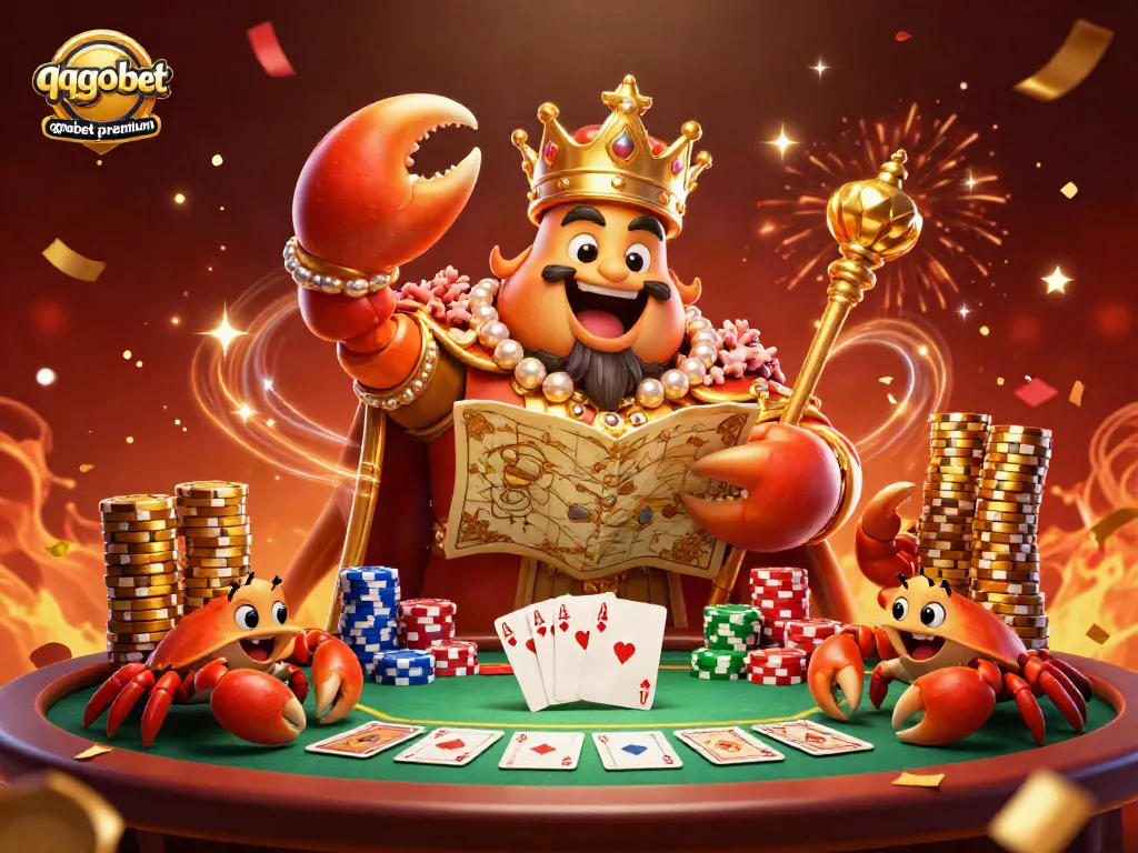 Engage with qqgobetpremium's casino experience featuring a golden crab emperor amidst dynamic poker action.
