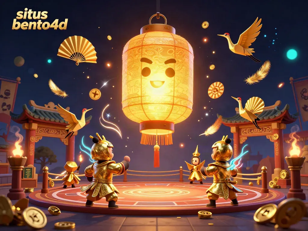 Experience the excitement of situs bento4d with a vibrant scene featuring golden lantern spirits and gaming energy.