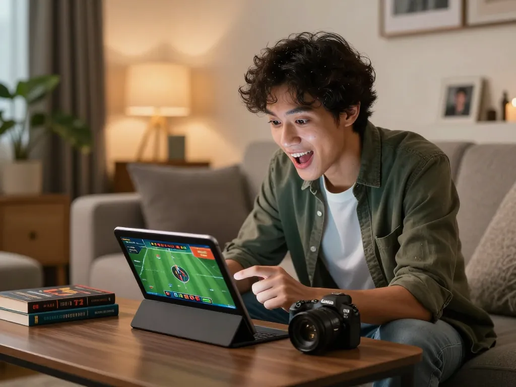 Betting enthusiast studying sports odds on tablet with 122 strategies in modern living room.