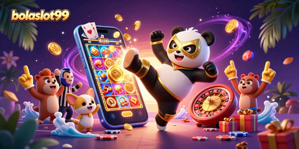 Bolaslot99 energizes players with a vibrant casino scene featuring a flying wrestler panda and lively animal fans.