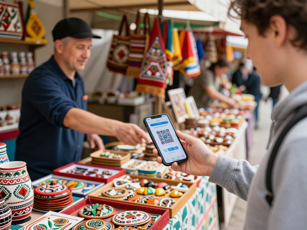 Menampilkan pengunjung menggunakan https://payinrussia.com/ untuk melakukan pembayaran di pasar lokal di Rusia, dikelilingi oleh kerajinan tradisional.