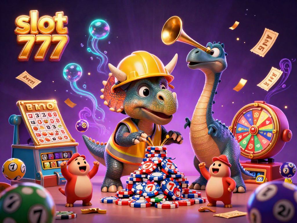 Spin the vibrant reels of slot 777 with a lively scene of cartoon characters and dynamic gaming elements.