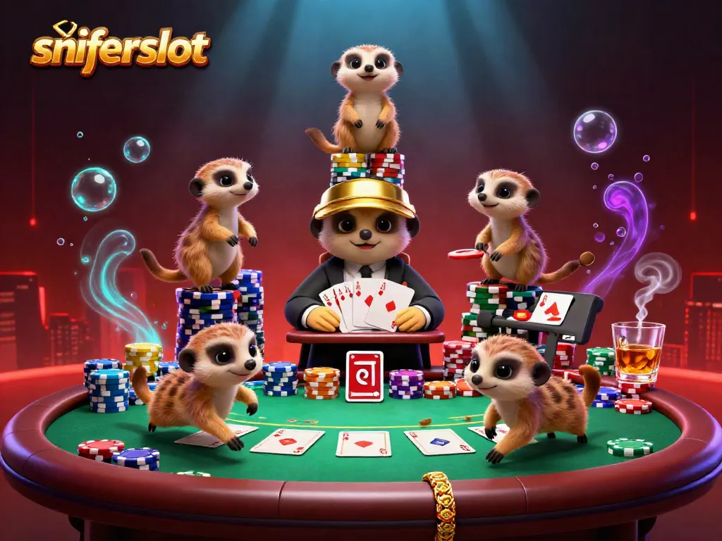 Wujudkan pengalaman taruhan seru di sniperslot dengan ilustrasi kasino yang meriah dengan meerkat.