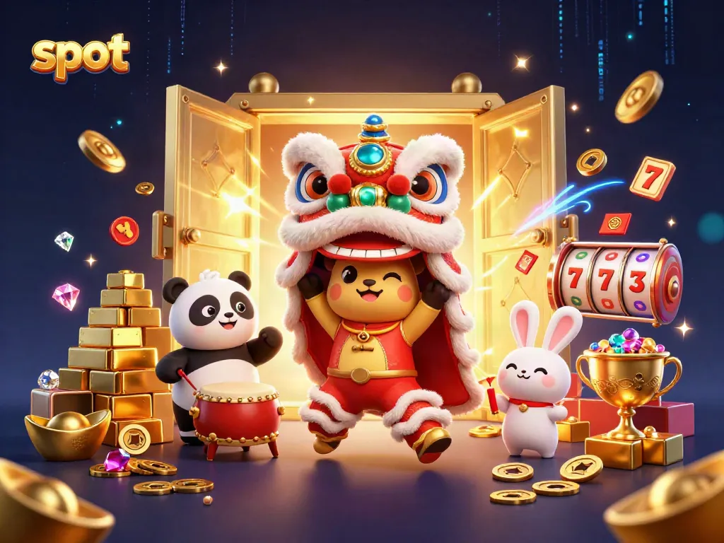 Mainkan slot dengan seru bersama maskot tahun baru Cina dalam ilustrasi kasino yang meriah.