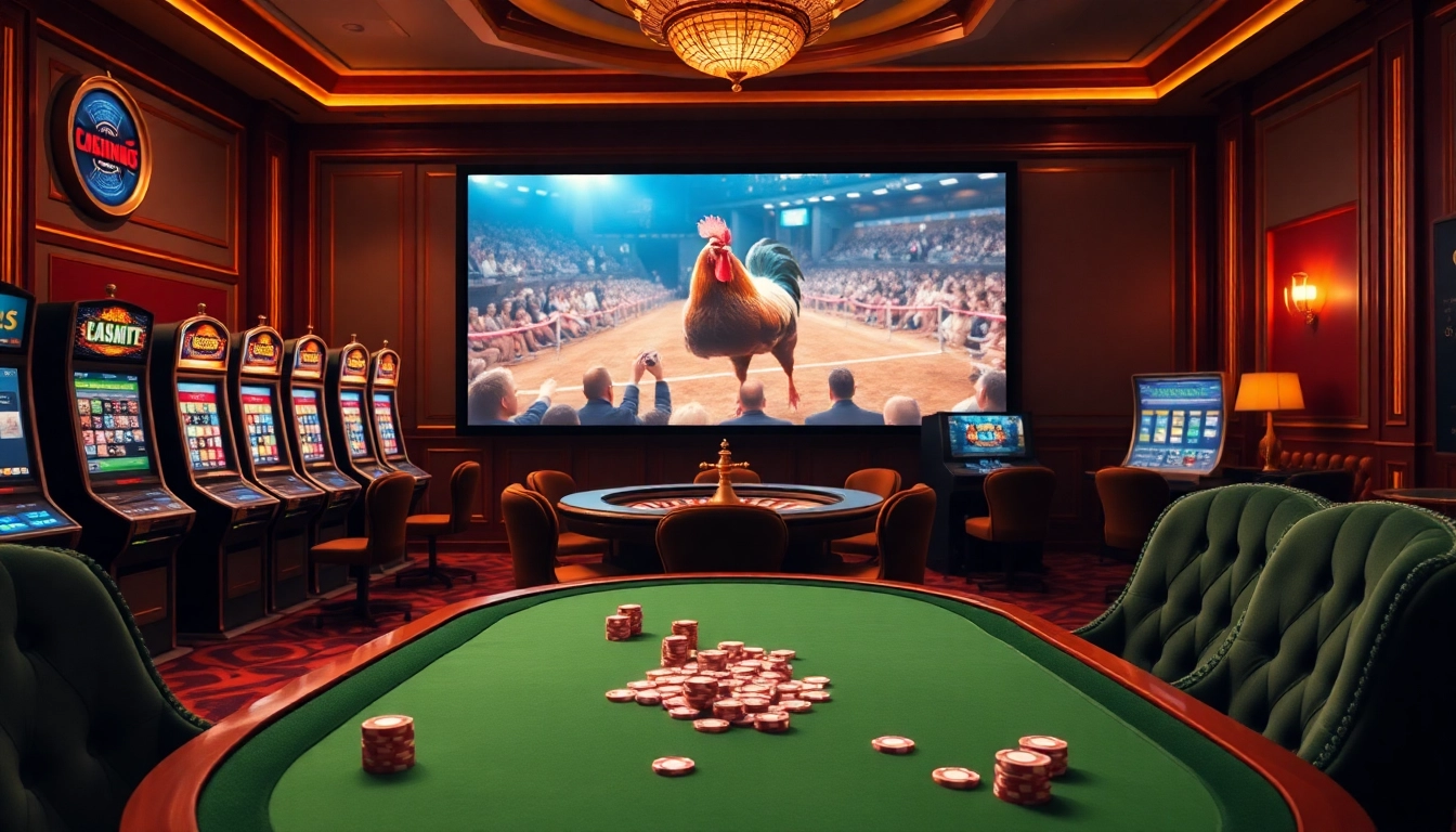 An exciting live stream of a cockfight from https://dagatructiepp.casino/ displayed in a luxurious casino setting with vibrant gaming areas.