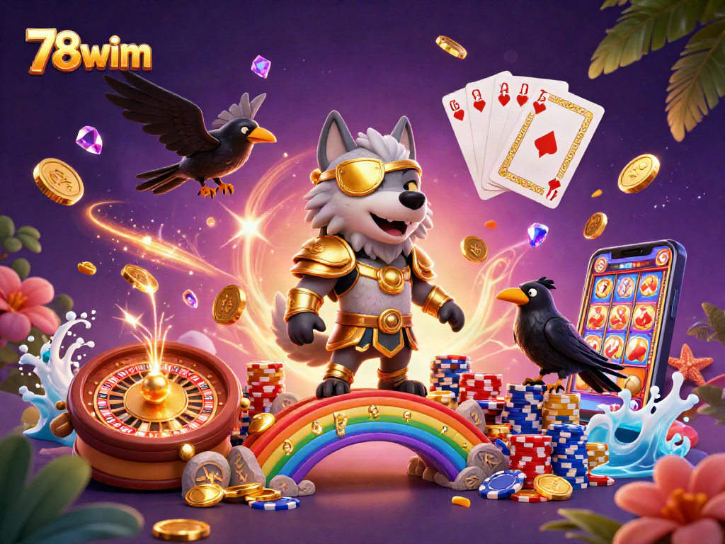 Experience thrilling wins with 78wim through this vibrant casino-themed illustration.