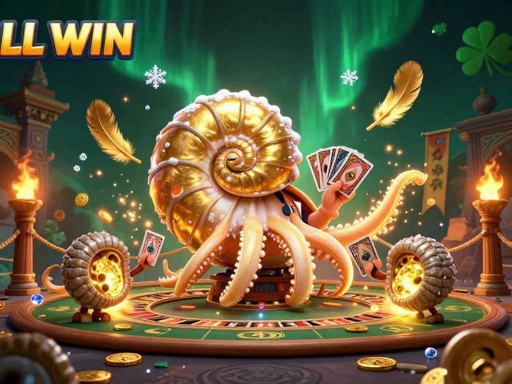 Engage with LL WIN's vibrant gaming atmosphere featuring a giant nautilus roulette, gold coins, and dynamic game elements.
