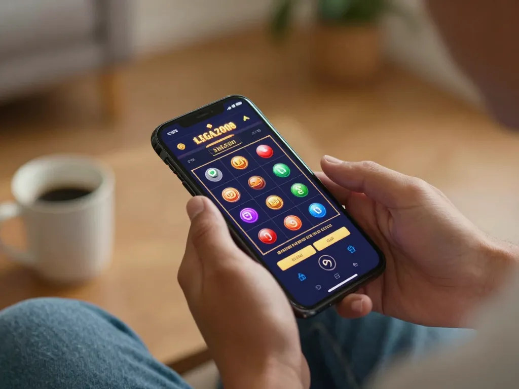Experience online gaming thrills with LIGA2000 as a player bets on a colorful slot game.