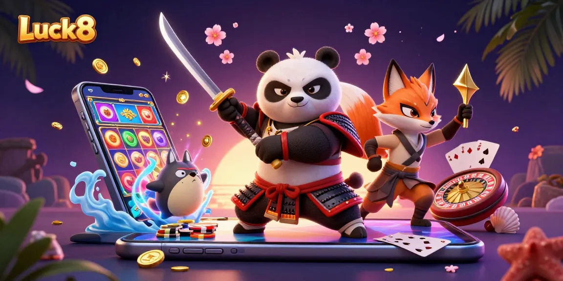 Experience Luck8's dynamic gaming world with rich visuals featuring a samurai panda and ninja fox.