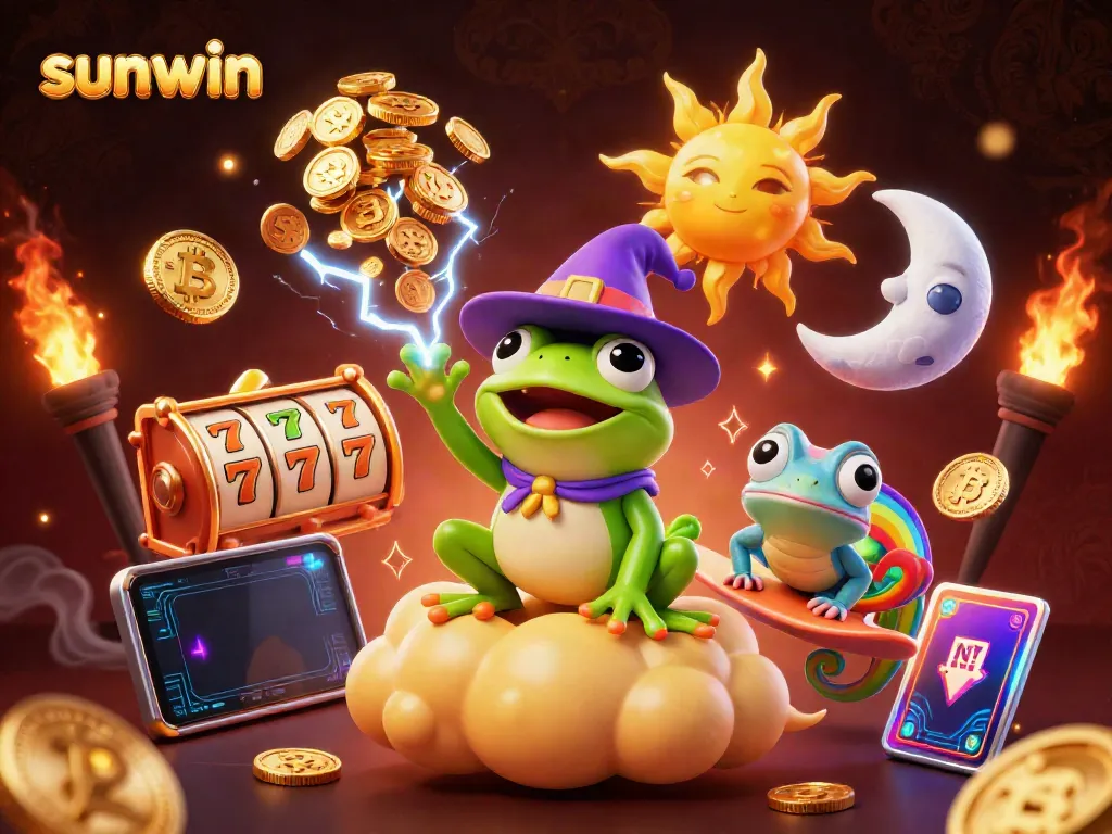 Experience thrilling wins with sunwin, featuring a whimsical weather wizard frog and a chameleon in a vibrant casino scene.