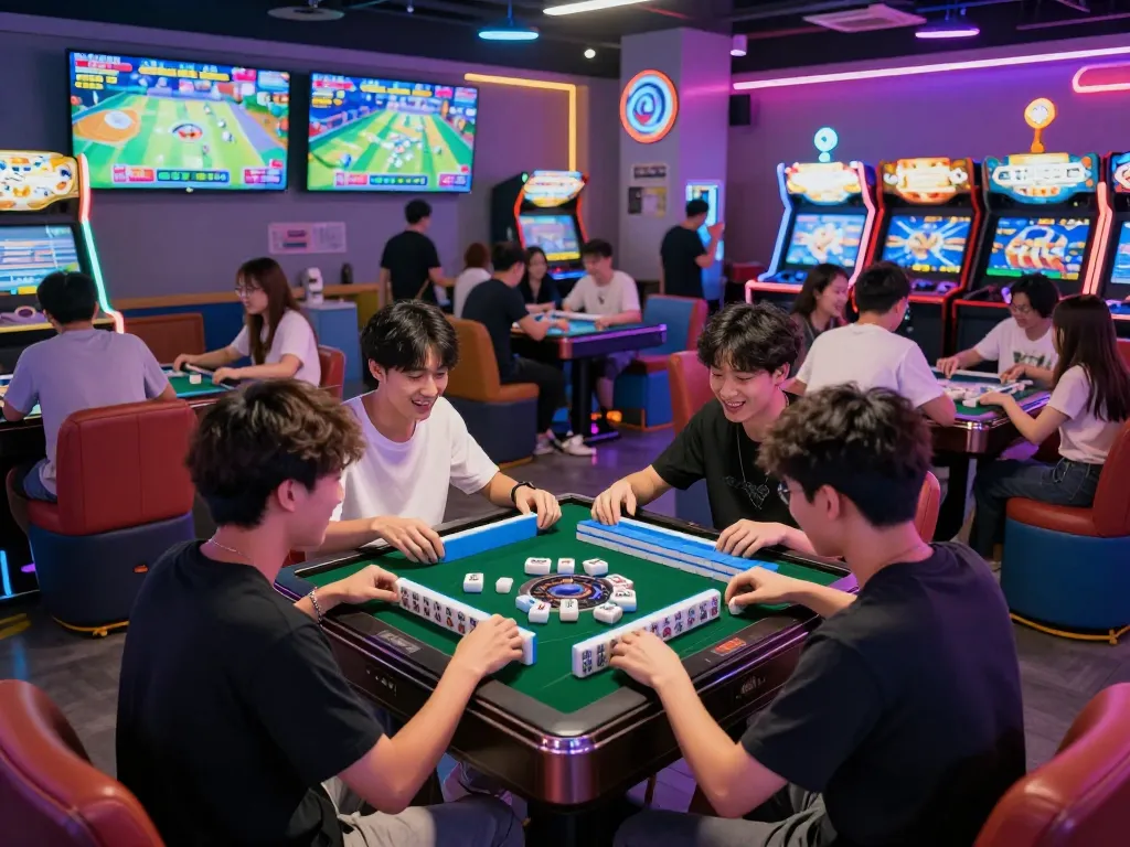 Pola andalan mahjong ways ditampilkan di arcade yang hidup dengan teman-teman yang merencanakan strategi di atas ubin Mahjong.
