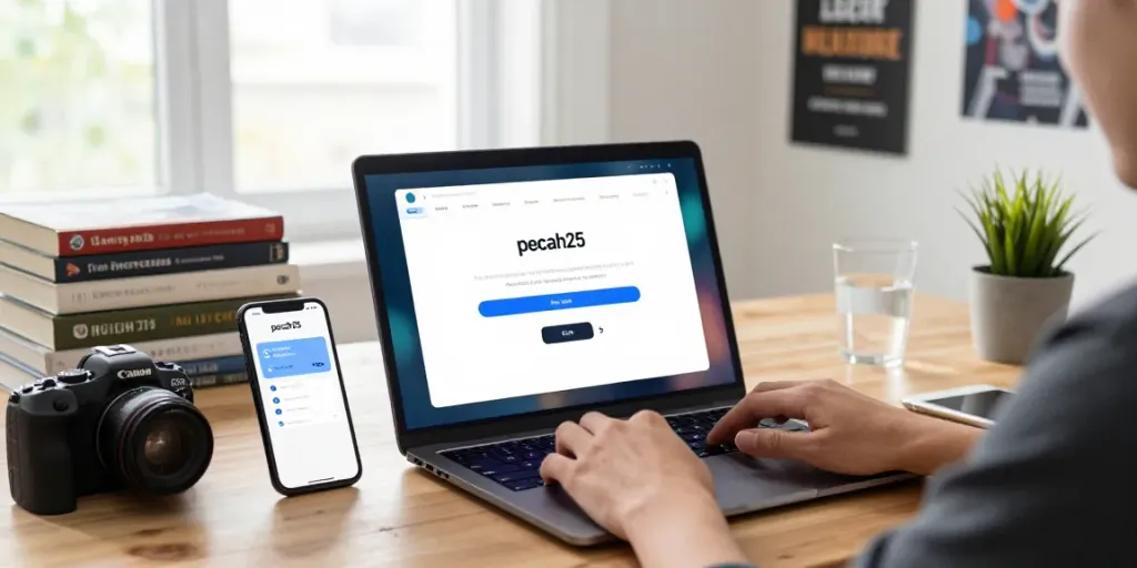Proses login ke akun pecah25 di ruang kerja modern dengan laptop dan teknologi.