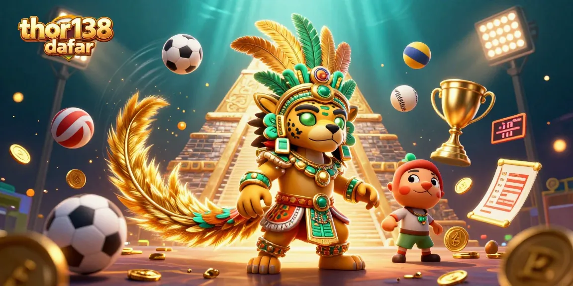 Thor138 daftar mengakses kasino online dengan karakter jaguar dan burung quetzal, elemen olahraga, dan kejayaan emas.