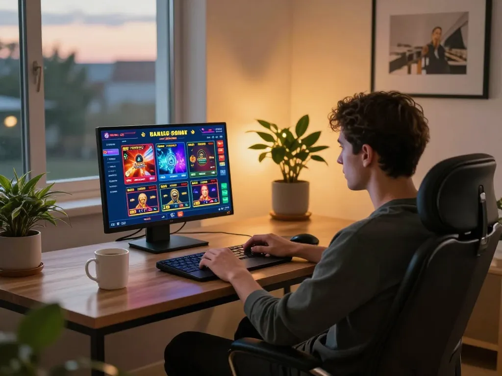 Engaging with an online casino Menu in a cozy home setup while relaxing on a chair.