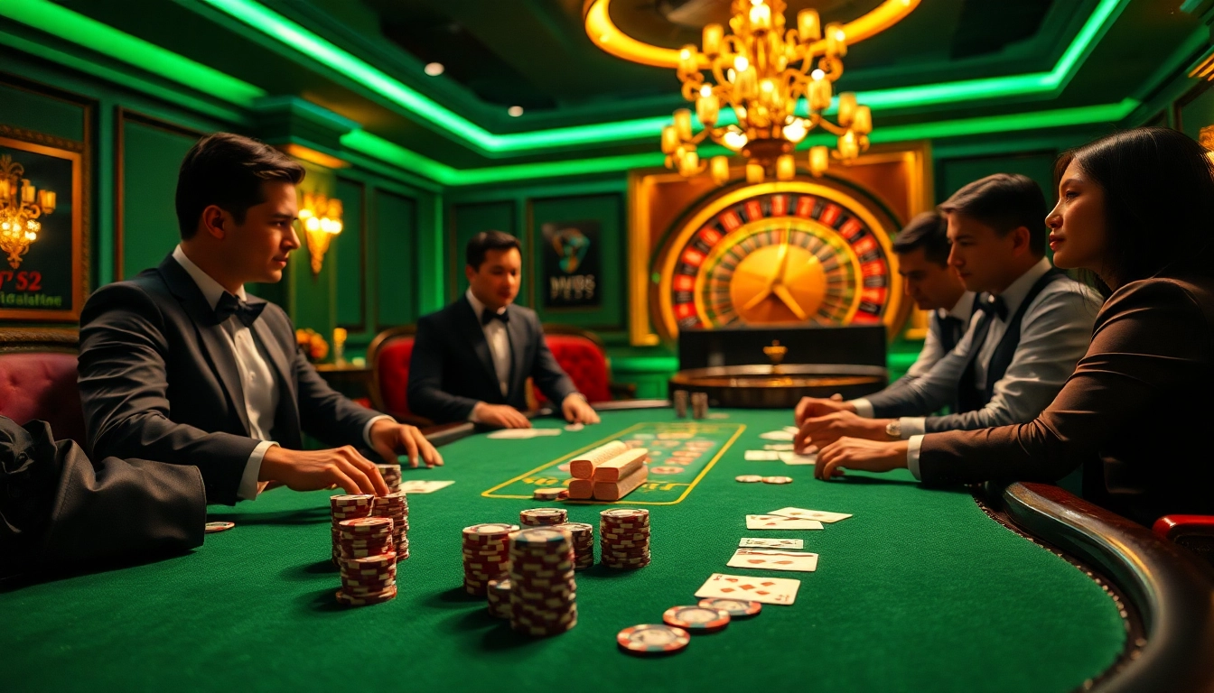 Join the excitement at the MM88 PRESS casino with players at a high-stakes poker table.