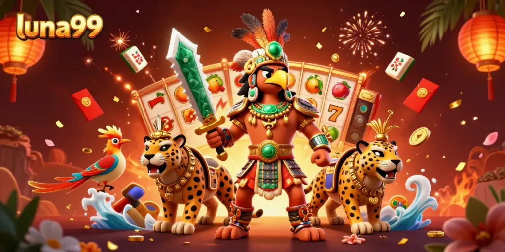 Ilustrasi 3D luna99 menampilkan pejuang Aztec dan slot menang di latar belakang yang penuh warna.