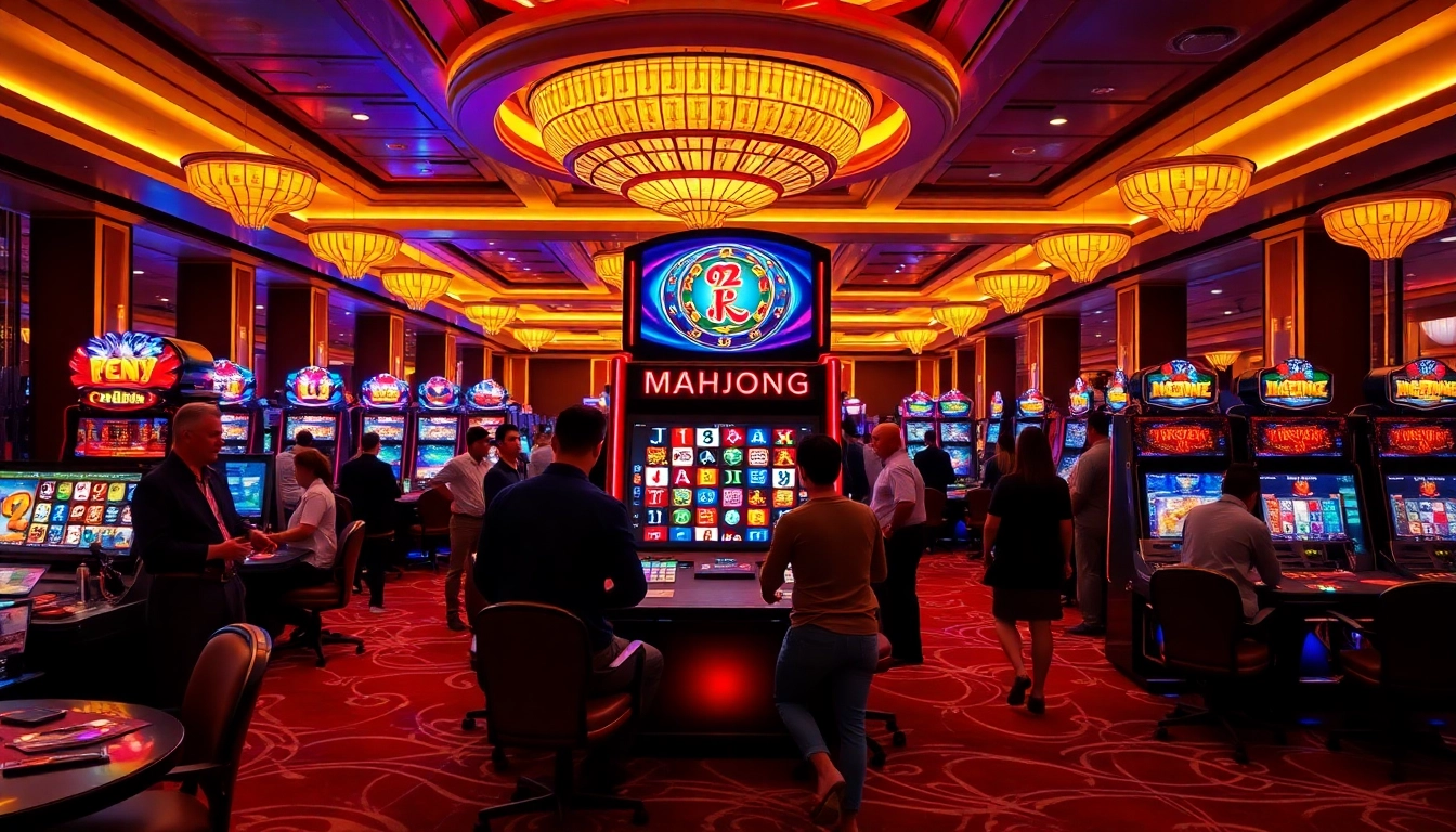 Bermain slot mahjong di mesin modern dengan suasana kasino yang ceria dan elegan.