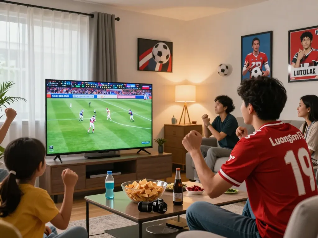 Football fan enjoying LuongSonTV live streaming in a cozy living room.