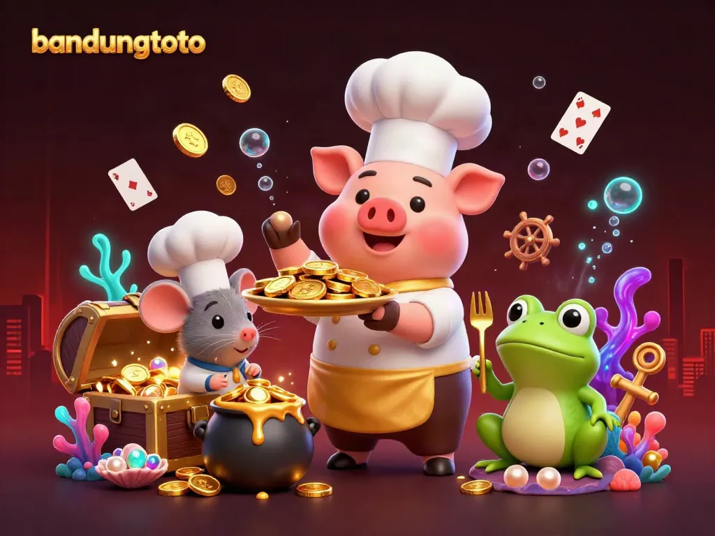 Experience big wins with bandungtoto's vibrant casino-themed illustration featuring a chef pig serving gold coins.