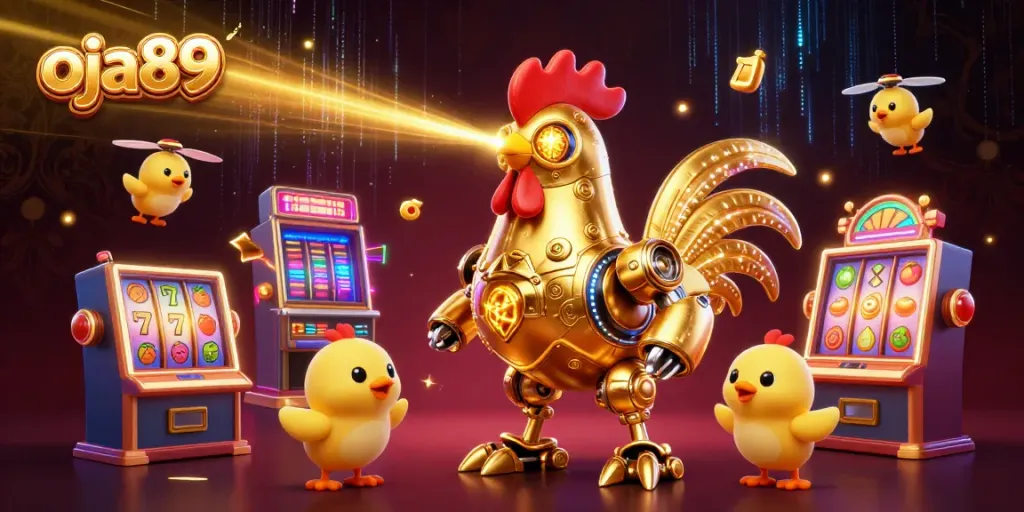 Ilustrasi promosi oja89 dengan ayam robot emas dan mesin slot berwarna, menampilkan keseruan judi online.