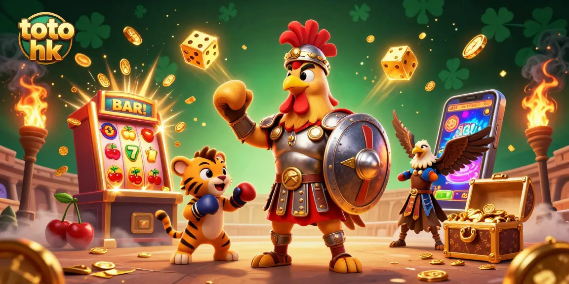 Menghadirkan toto hk dengan petarung ayam dan simbol kasino berkilauan, gambar 3D dinamis.